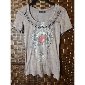 Vtg Y2K Cross & Wings T Shirt Women's Sz Small‎ Multicolor Rhinestone Distressed
